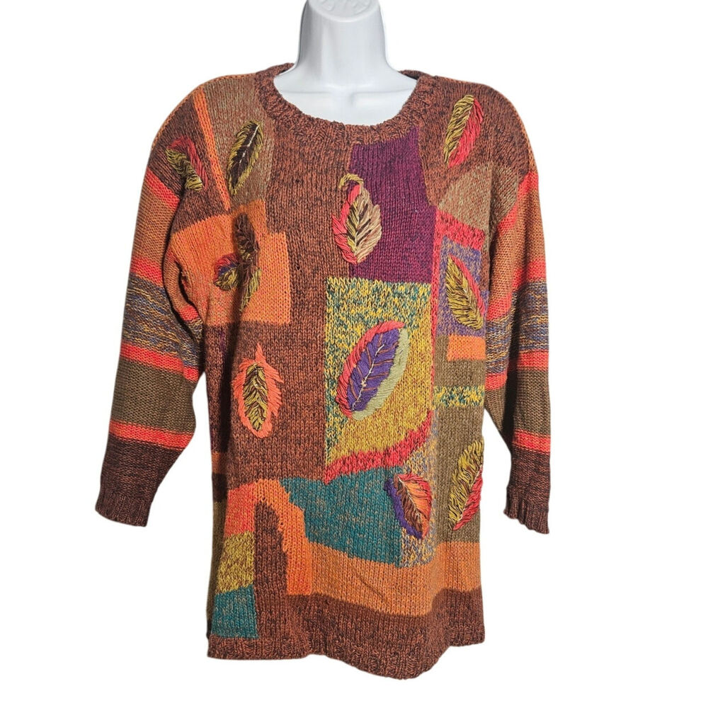 20 Ans Vintage 90s Patchwork Colorful Fall Leaf Print Grandmacore Sweater Sz S